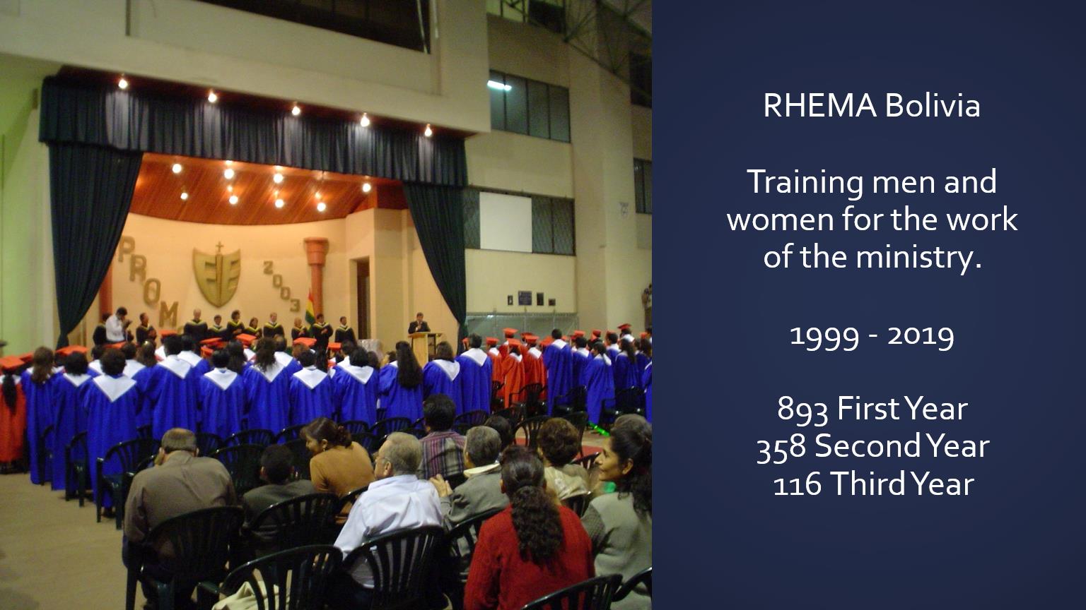 RHEMA Bolivia graduation ceremony, students in blue and red robes